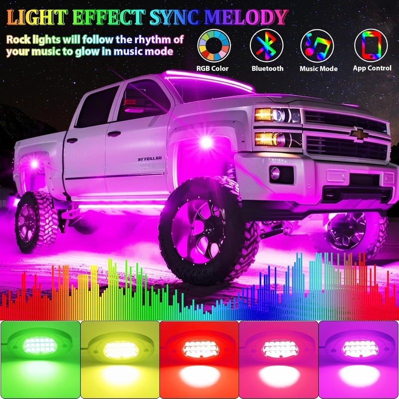 Fimker 14 Pods RGB LED Rock Lights, Underglow Multicolor Neon Light Kit Wheel Well Light with APP Control & Music Mode, Under Glow Lights for Trucks,Jeep,SUV,Golf Cart,ATV,Pickup Off Road,12 V - Image 2
